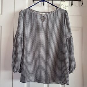 Max Studio Long Sleeve Print Keyhole Top in White/Black Pullover Puff Sleeves Sm